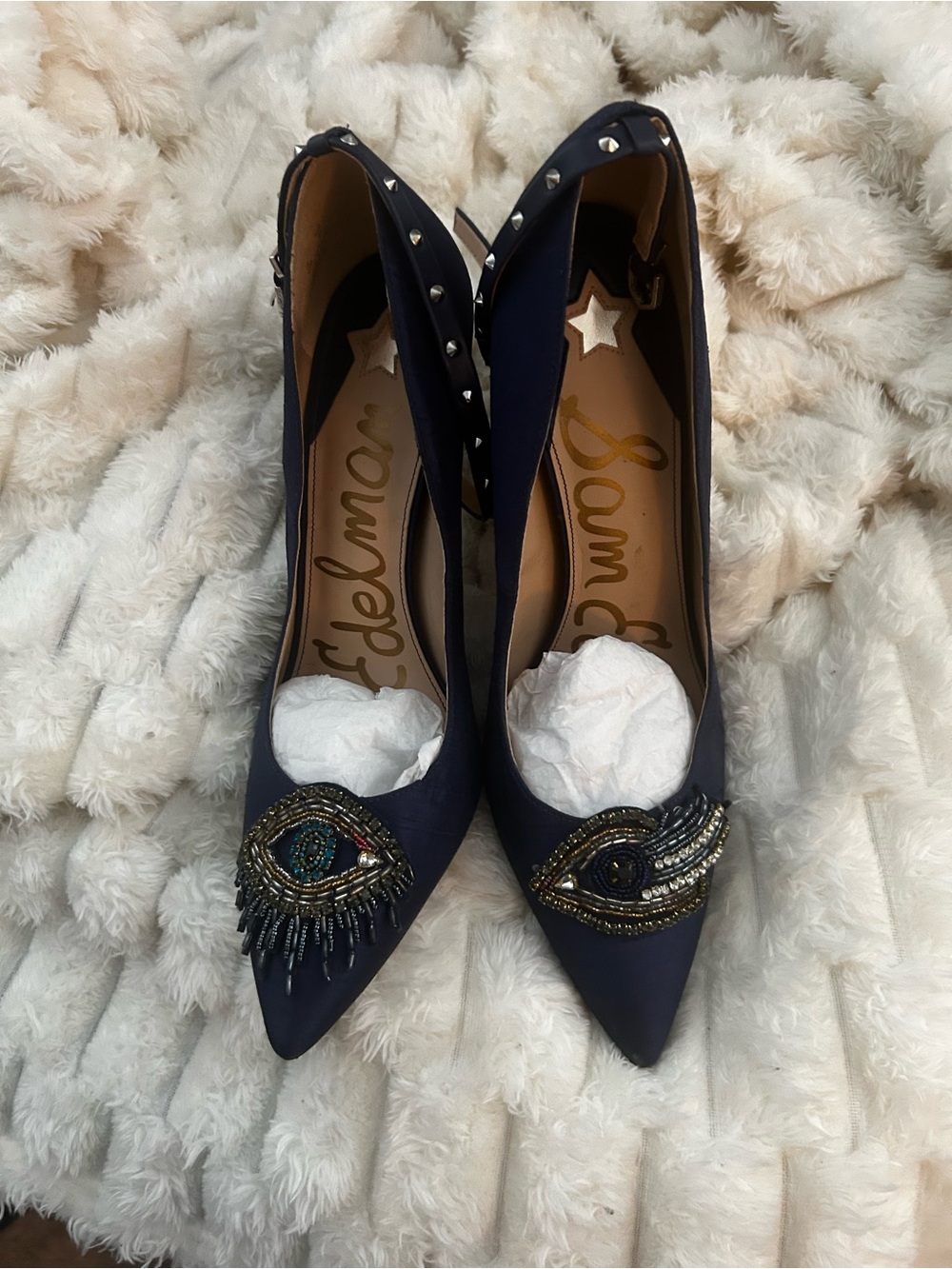 Sam Edelman Navy Beaded Pointed-Toe Heels with Stud Accents